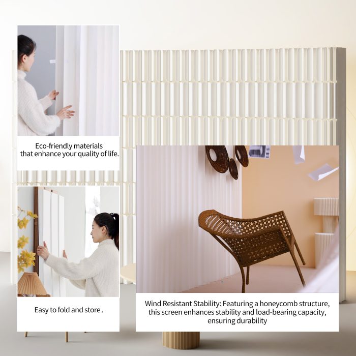 Double-Sided Foldable Paper Room Divider, Freestanding No Drill Decorative Partition Wall, One Side Textured Surface & Reverse Accordion Structure for Home & Trade Show