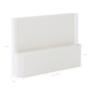 Modern white fluted paper room divider, freestanding flexible partition wall with built-in display shelf. Lightweight, customizable size, ideal for separating living space and adding minimalist decor.