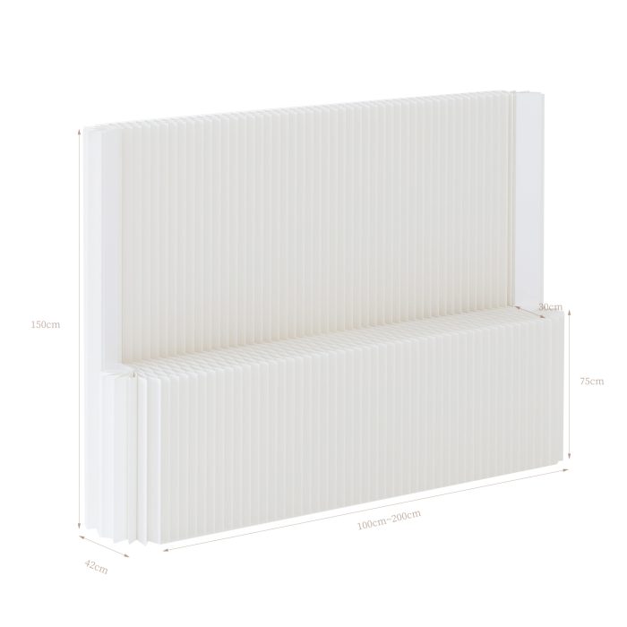 Modern white fluted paper room divider, freestanding flexible partition wall with built-in display shelf. Lightweight, customizable size, ideal for separating living space and adding minimalist decor.