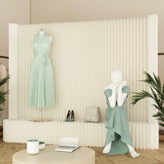 Folding Room Divider | Freestanding No Drill Paper Partition with Built-in Display Shelf, Expandable Decor Background Wall for Office & Retail Store