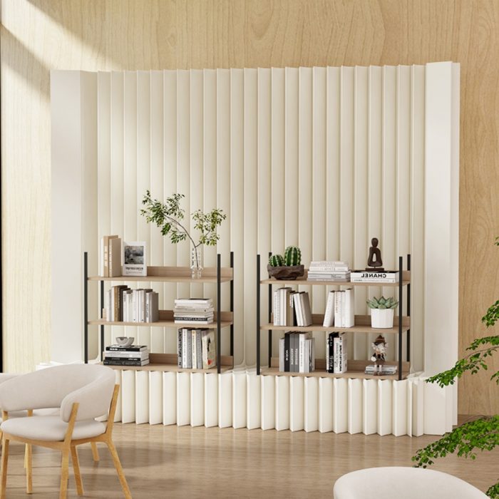Folding Room Divider | Freestanding No Drill Paper Partition with Built-in Display Shelf, Expandable Decor Background Wall for Office & Retail Store