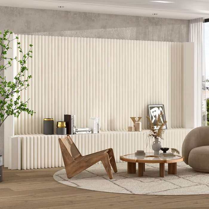 Folding Room Divider | Freestanding No Drill Paper Partition with Built-in Display Shelf, Expandable Decor Background Wall for Office & Retail Store
