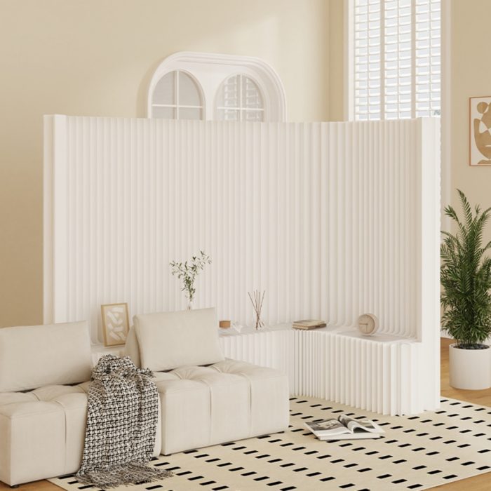 Folding Room Divider | Freestanding No Drill Paper Partition with Built-in Display Shelf, Expandable Decor Background Wall for Office & Retail Store