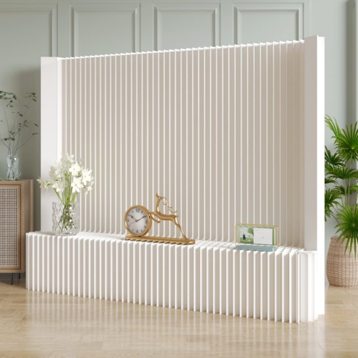 Folding Room Divider | Freestanding No Drill Paper Partition with Built-in Display Shelf, Expandable Decor Background Wall for Office & Retail Store