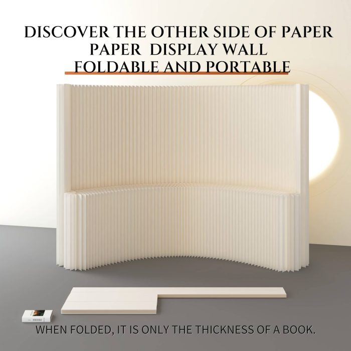 Modern white fluted paper room divider, freestanding flexible partition wall with built-in display shelf. Lightweight, customizable size, ideal for separating living space and adding minimalist decor.