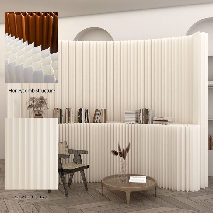 Modern white fluted paper room divider, freestanding flexible partition wall with built-in display shelf. Lightweight, customizable size, ideal for separating living space and adding minimalist decor.