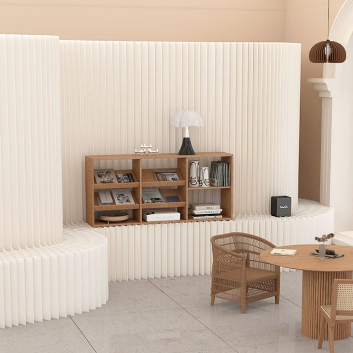 Folding Room Divider | Freestanding No Drill Paper Partition with Built-in Display Shelf, Expandable Decor Background Wall for Office & Retail Store