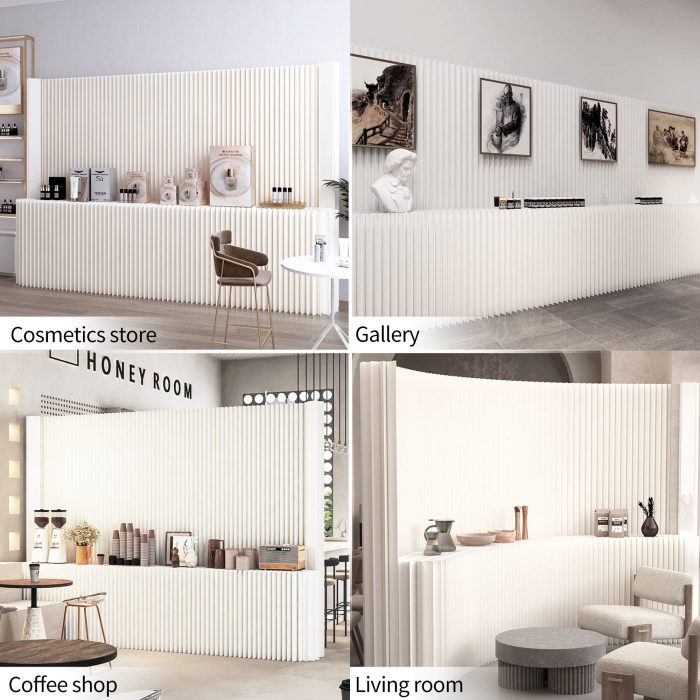 Modern white fluted paper room divider, freestanding flexible partition wall with built-in display shelf. Lightweight, customizable size, ideal for separating living space and adding minimalist decor.