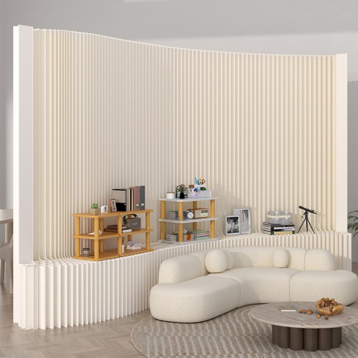 Folding Room Divider | Freestanding No Drill Paper Partition with Built-in Display Shelf, Expandable Decor Background Wall for Office & Retail Store