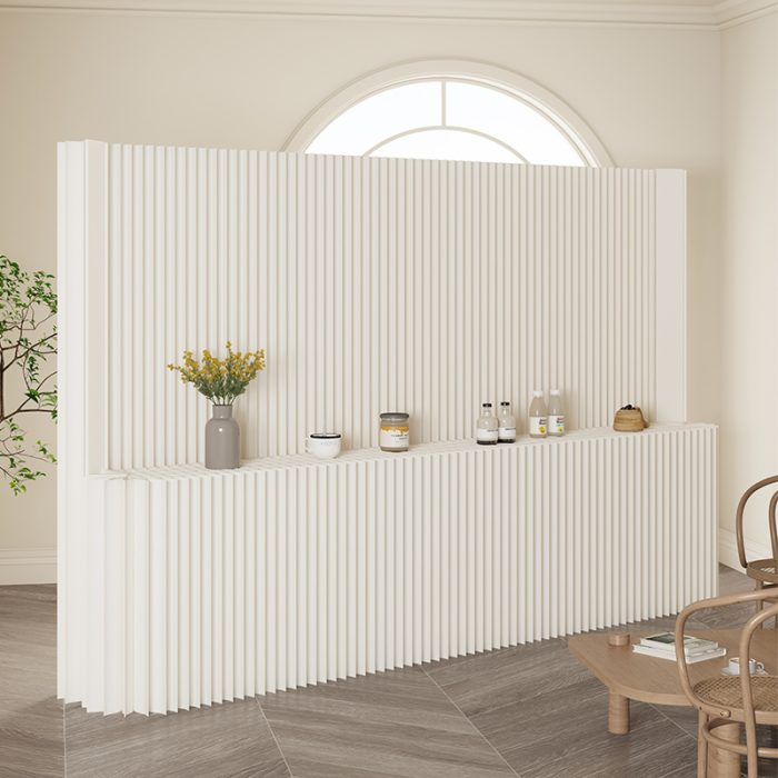 Modern white fluted paper room divider, freestanding flexible partition wall with built-in display shelf. Lightweight, customizable size, ideal for separating living space and adding minimalist decor.