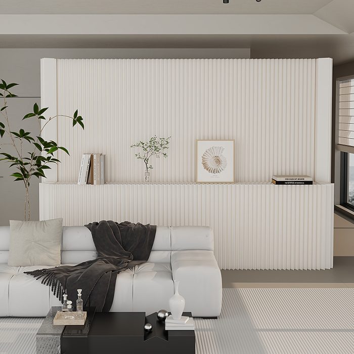 Modern white fluted paper room divider, freestanding flexible partition wall with built-in display shelf. Lightweight, customizable size, ideal for separating living space and adding minimalist decor.