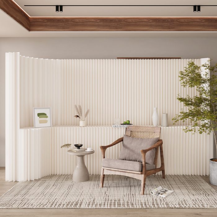 Modern white fluted paper room divider, freestanding flexible partition wall with built-in display shelf. Lightweight, customizable size, ideal for separating living space and adding minimalist decor.
