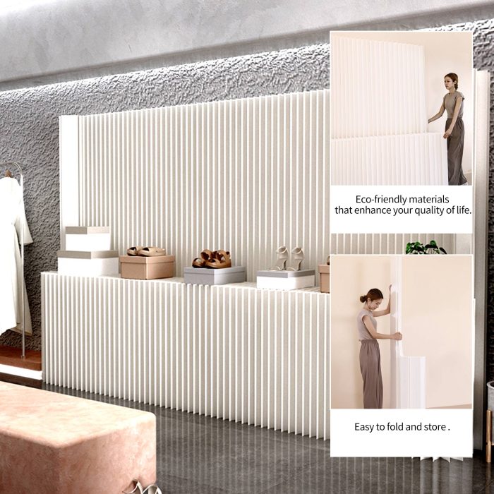 Modern white fluted paper room divider, freestanding flexible partition wall with built-in display shelf. Lightweight, customizable size, ideal for separating living space and adding minimalist decor.