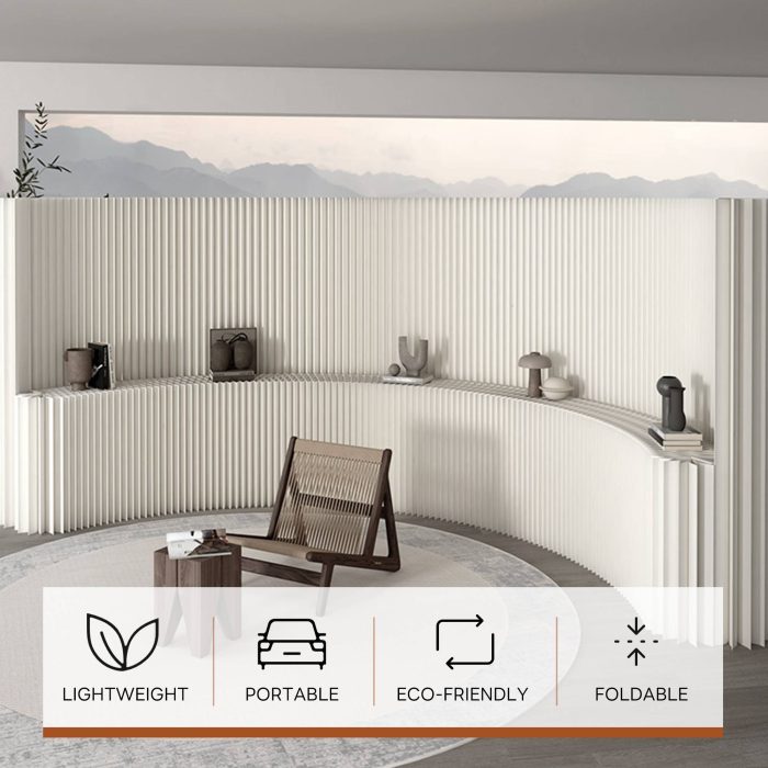 Modern white fluted paper room divider, freestanding flexible partition wall with built-in display shelf. Lightweight, customizable size, ideal for separating living space and adding minimalist decor.