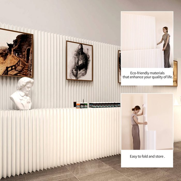 Modern white fluted paper room divider, freestanding flexible partition wall with built-in display shelf. Lightweight, customizable size, ideal for separating living space and adding minimalist decor.