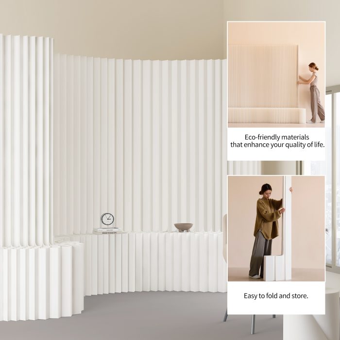 Folding Room Divider | Freestanding No Drill Paper Partition with Built-in Display Shelf, Expandable Decor Background Wall for Office & Retail Store