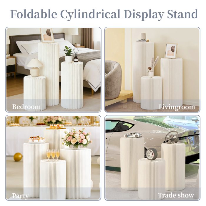 Cylinder Stands for Party 5Pcs Round Pedestal Stand Foldable Cardboard Columns Cylinder Tables for Parties Baby Shower Birthday Wedding Pillars Display Decoration (White,5PCS)