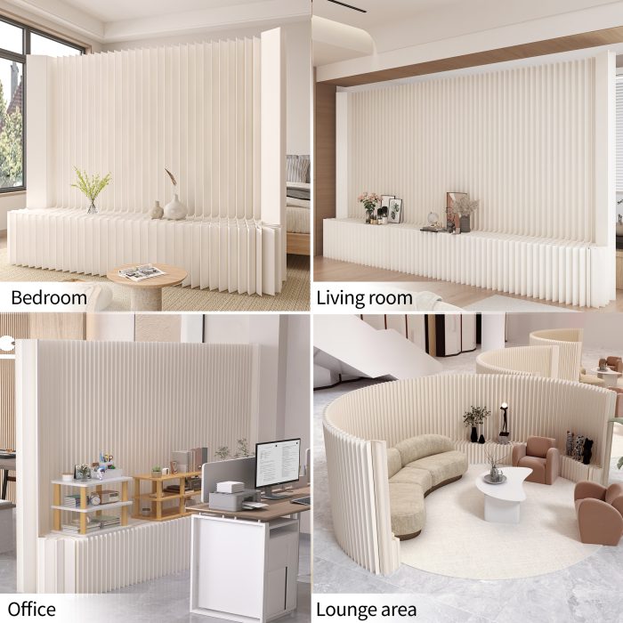 Folding Room Divider | Freestanding No Drill Paper Partition with Built-in Display Shelf, Expandable Decor Background Wall for Office & Retail Store