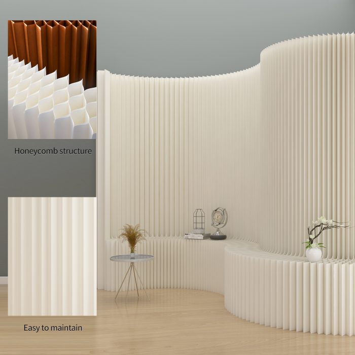 Folding Room Divider | Freestanding No Drill Paper Partition with Built-in Display Shelf, Expandable Decor Background Wall for Office & Retail Store