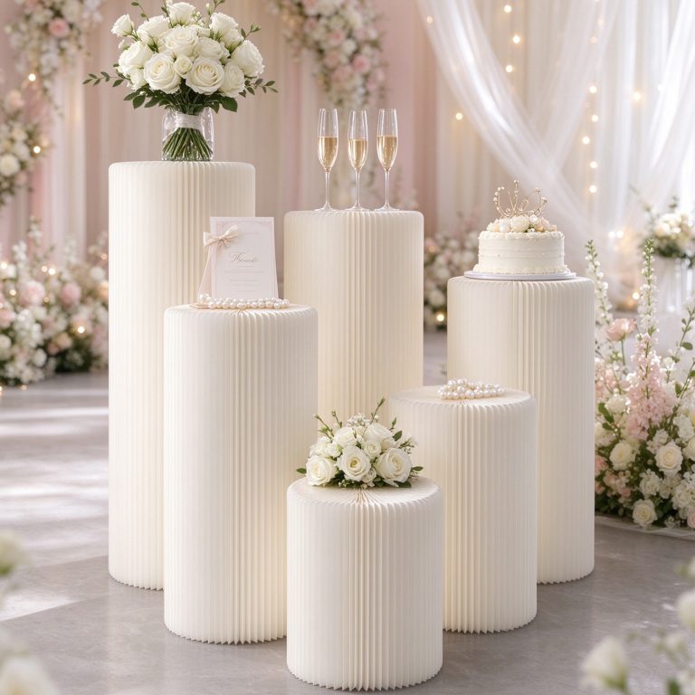 Cylinder Stands for Party 5Pcs Round Pedestal Stand Foldable Cardboard Columns Cylinder Tables for Parties Baby Shower Birthday Wedding Pillars Display Decoration (White,5PCS)