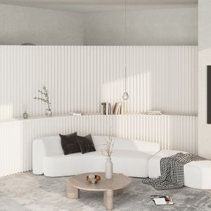 Modern white fluted paper room divider, freestanding flexible partition wall with built-in display shelf. Lightweight, customizable size, ideal for separating living space and adding minimalist decor.