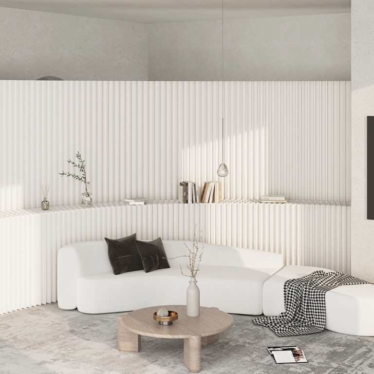 Modern white fluted paper room divider, freestanding flexible partition wall with built-in display shelf. Lightweight, customizable size, ideal for separating living space and adding minimalist decor.
