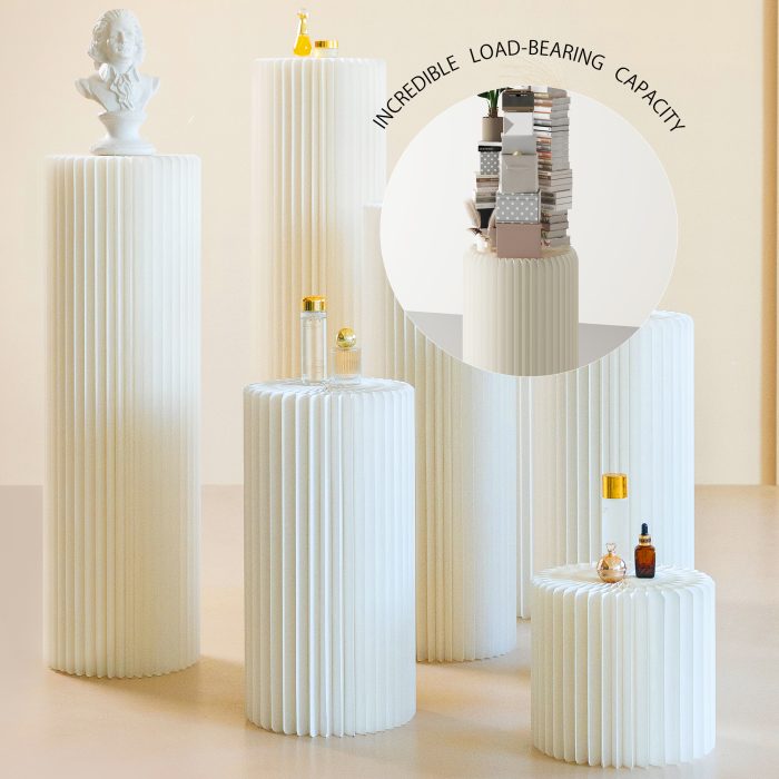 Cylinder Stands for Party 5Pcs Round Pedestal Stand Foldable Cardboard Columns Cylinder Tables for Parties Baby Shower Birthday Wedding Pillars Display Decoration (White,5PCS)
