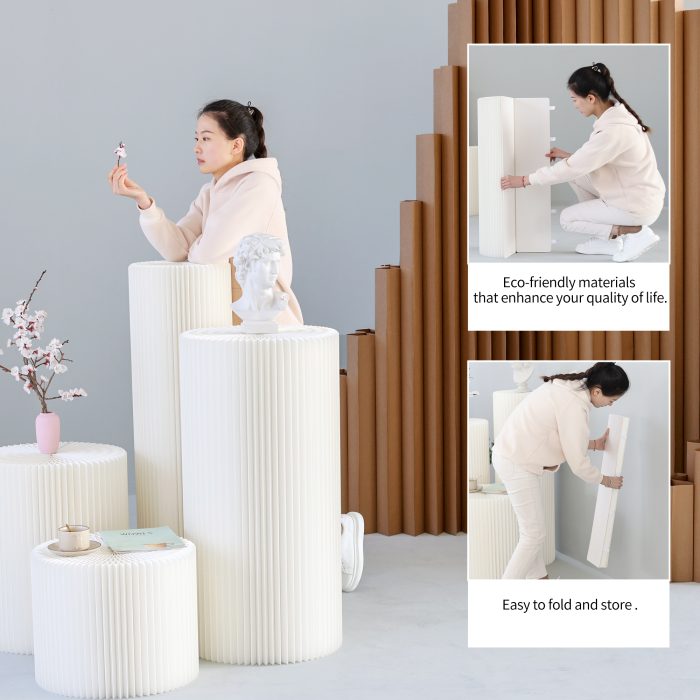 Cylinder Stands for Party 5Pcs Round Pedestal Stand Foldable Cardboard Columns Cylinder Tables for Parties Baby Shower Birthday Wedding Pillars Display Decoration (White,5PCS)