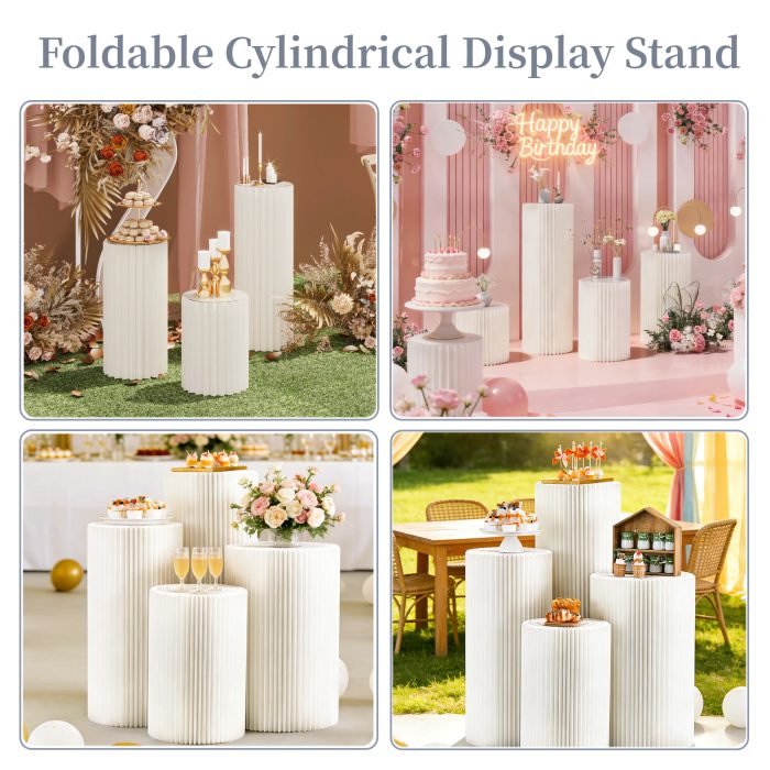 Cylinder Stands for Party 5Pcs Round Pedestal Stand Foldable Cardboard Columns Cylinder Tables for Parties Baby Shower Birthday Wedding Pillars Display Decoration (White,5PCS)